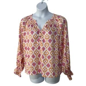Destination 365 Top Womens Size Large Ikat Print Split-Neck Blouse Pink Blouse